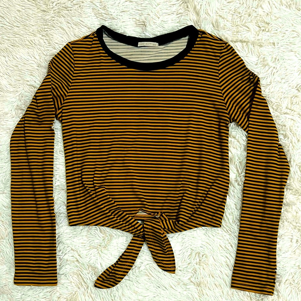 Active USA Striped Tie Front Crop Top Medium Yellow Black Y2K Long Sleeve